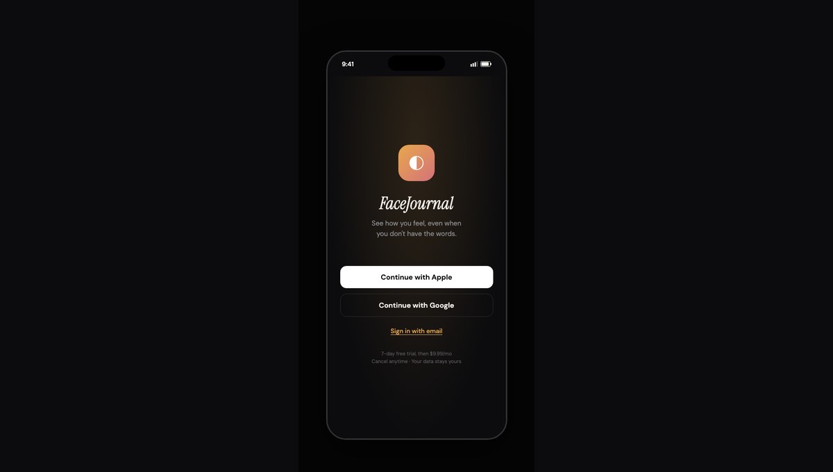The FaceJournal app sign-in screen on iPhone