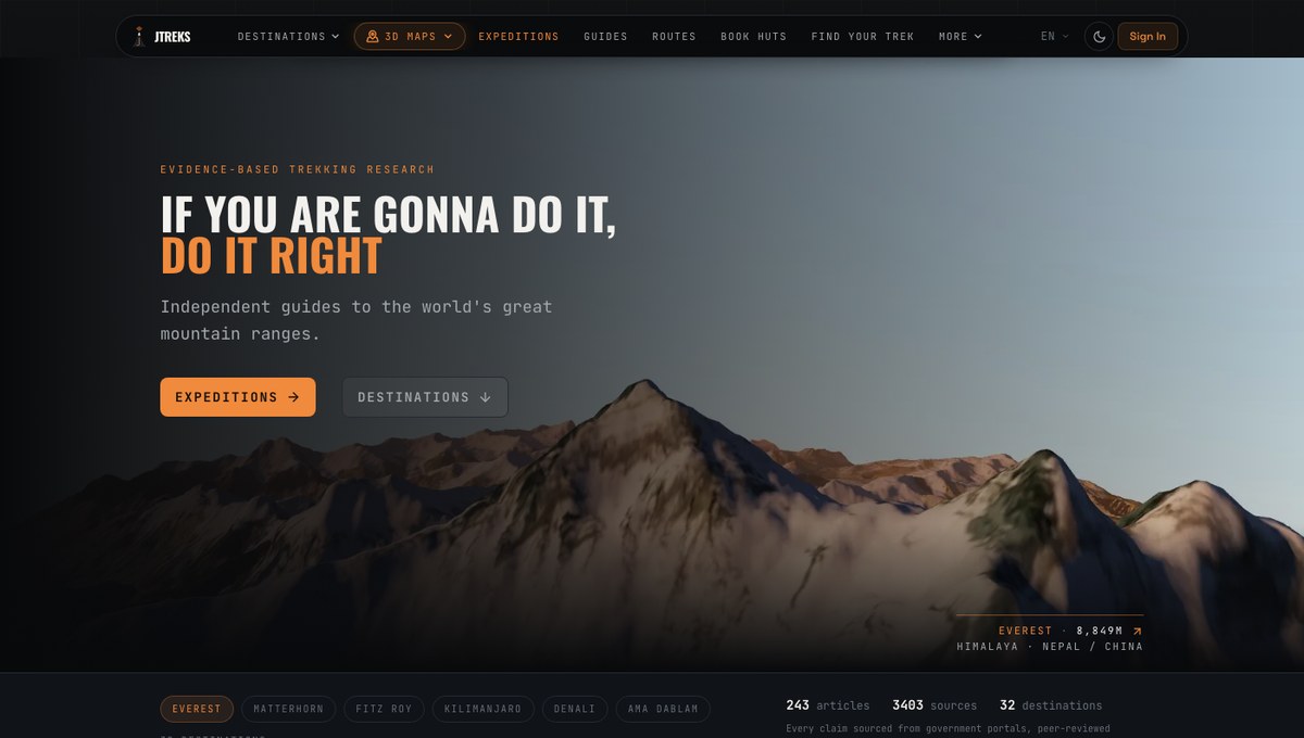 The jtreks.co home page with its 3D terrain hero